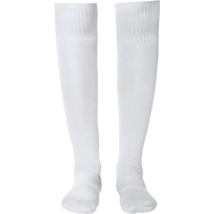 White soccer sport socks with a ribbed design, featuring a logo on one side.