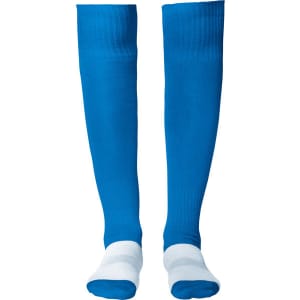 Bright blue soccer sport socks with white detailing, featuring a logo on one side.