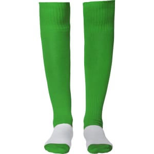 Bright green sports socks with white cuffs and soles, featuring a logo on one side. Suitable for soccer uniforms.