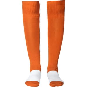 Knee-high sports socks featuring an orange body and white cuffs. The design includes a logo.