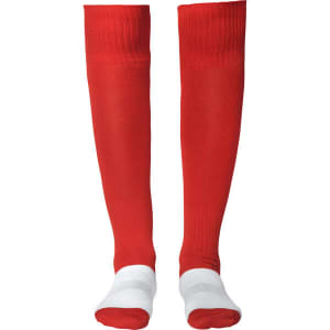 Red soccer sport socks with white accents, featuring a smooth texture and a logo on the exterior.