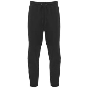 Black track pants featuring a drawstring waistband and a logo. Designed for comfort and style.