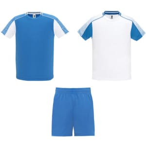 A sports uniform set featuring two blue shirts and blue shorts, with a logo on the shirts.