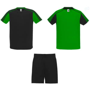 A sports uniform set featuring a black and green short-sleeve shirt and black shorts, with a logo on the top.