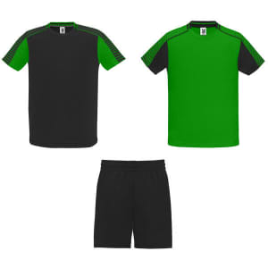 A sports uniform set featuring a green and black shirt with matching black shorts, including logos.
