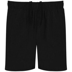 Black sports shorts with a drawstring waistband and an elastic finish. Features a logo on the side.