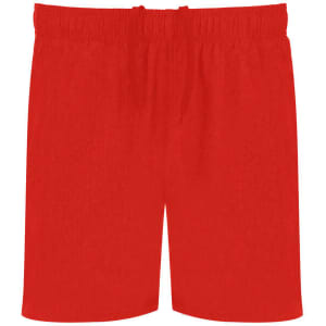 Red sports shorts featuring an elastic waistband and a drawstring, with a logo on the front.