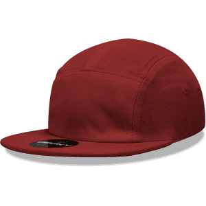 A red 5-panel low profile cap with a flat brim and a logo on the front.