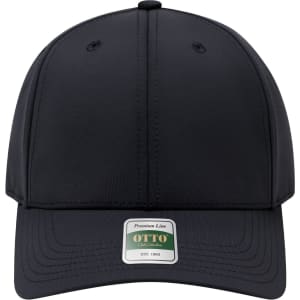 A black six-panel cap featuring a structured design and a logo on the front.