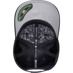 A black six-panel cap featuring a patterned lining and a logo inside. The cap's visor is grey.