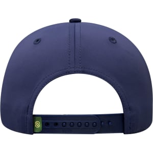 A navy blue six-panel cap featuring a back closure and a small logo on the strap.