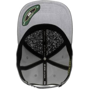 A grey six-panel cap featuring a patterned interior and a logo. The cap has a structured pro style design.