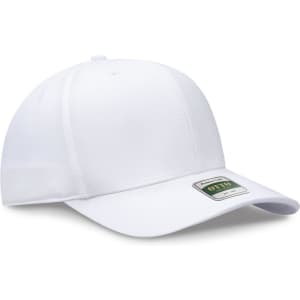 A white six-panel cap featuring a logo on the front, designed in a pro style.
