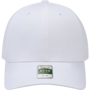 A white six-panel cap with a branded label on the front and a structured design.