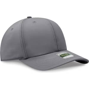 A grey six-panel cap with a curved brim, featuring a logo on the front.