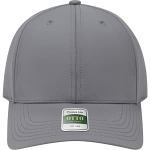 A grey six-panel cap featuring a structured design and a logo on the front.