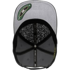 A grey cap with a black underside and intricate interior pattern, featuring a logo on the side.
