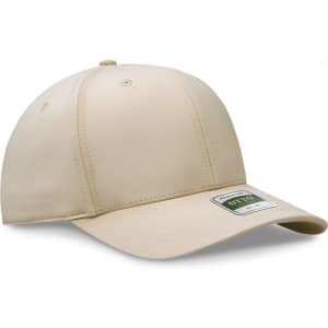 A beige six-panel cap with a curved brim and a logo on the front.