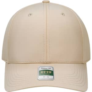 A beige six-panel cap with a branded label, featuring a structured design and stitched detailing.
