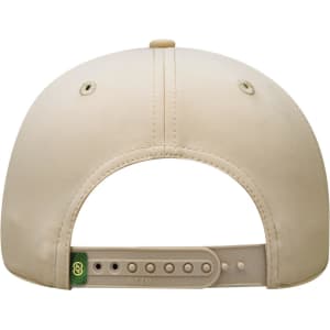 A beige, six-panel cap featuring a rear adjustable strap and ventilation holes. It has a logo on the side.