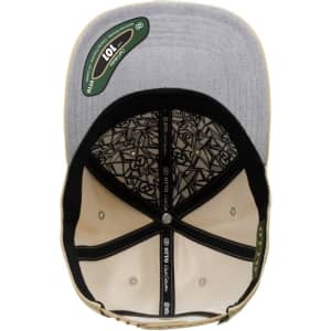 A beige and grey six-panel cap with a patterned interior and a logo on the inside.