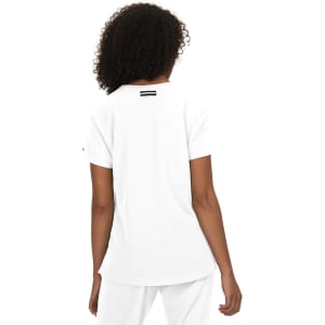 A white short-sleeved top with a simple design, featuring a logo on the back.