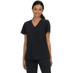 A dark navy women's top with a V-neck and short sleeves, featuring a pocket and a logo.