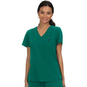 A model wearing a short-sleeve, v-neck top in a vibrant green colour, featuring a small logo on the chest.