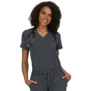 A model wearing a grey medical scrub top, styled with a V-neck and a stethoscope around her neck.