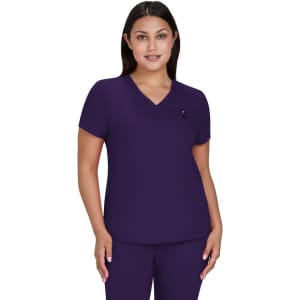 A purple short-sleeve top with a V-neck and a logo on the chest, modelled by a woman.
