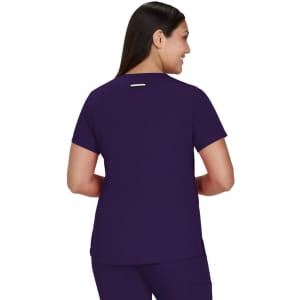 A purple short-sleeve top is displayed on a woman, showing the back view. The top features a logo.