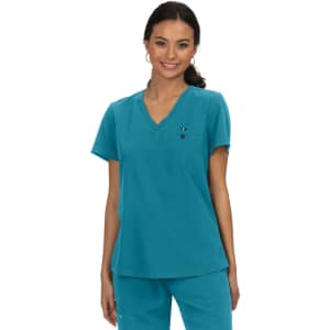 A turquoise top with a V-neck design and short sleeves, featuring a small pocket and a logo.