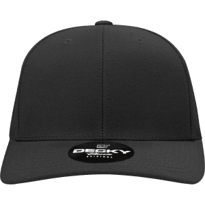 A black 6 panel mid profile structured snapback cap with a circular logo on the front.