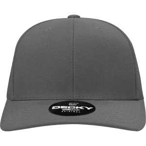 A grey six-panel mid-profile structured snapback hat with a logo on the front.