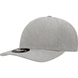A grey 6 panel mid profile structured snapback cap with a curved brim and a logo on the side.