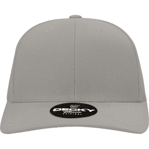 A grey 6 panel mid profile structured snapback cap featuring a round logo on the front.