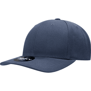 A mid-profile structured snapback cap in navy blue, featuring a curved brim and a logo on the side.
