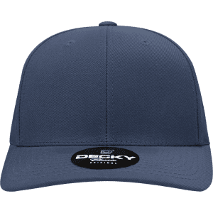 A structured, mid-profile snapback hat in navy blue with a logo on the front.