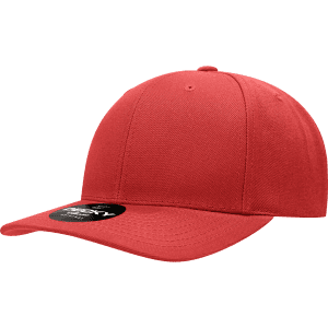 A red 6-panel mid-profile structured snapback cap featuring a curved brim and a branding logo.