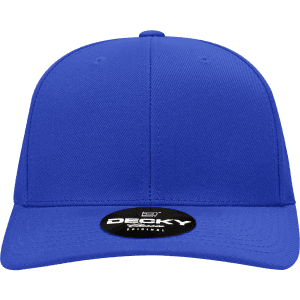 A blue 6 panel mid profile structured snapback cap with a logo on the front.