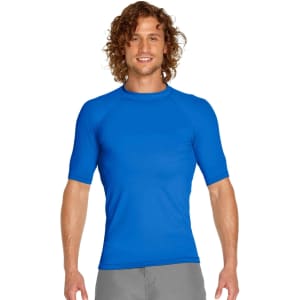 A blue adult short sleeve rashie with UPF 50+ protection, featuring a fitted design and logo.