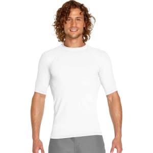A white short sleeve rashie featuring UPF 50+ protection, with a fitted design and a logo on the chest.