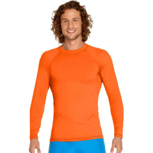 An orange long sleeve rashie with a snug fit, featuring a logo on the chest. Suitable for sun protection with UPF 50+.