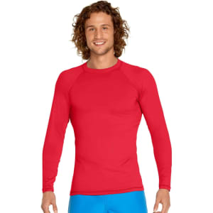 A red long sleeve rashie for adults with a fitted design and a logo on the sleeve. UPF 50+ protection featured.