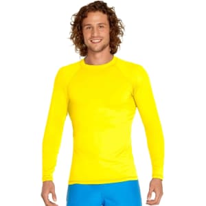 A long-sleeve rashie in bright yellow, featuring a fitted design and a logo on the chest.