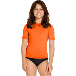 An orange youth short sleeve rashie with black shorts, featuring a logo on the chest.