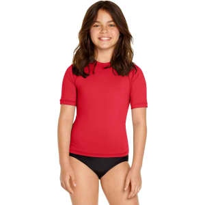 A red youth short sleeve rashie with UPF 50+ protection, featuring a black bikini bottom. The product has a logo.