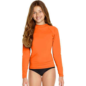 An orange long sleeve rashie with a fitted design, worn by a child, with a black bottom. The product features a logo.