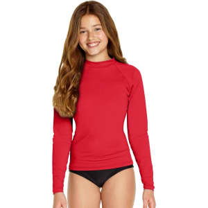 A red long sleeve rashie with UPF 50+ protection, featuring a fitted design and a logo.
