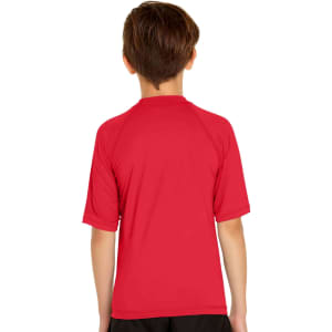 A red youth short sleeve rashie with a simple design and a small logo on the back.